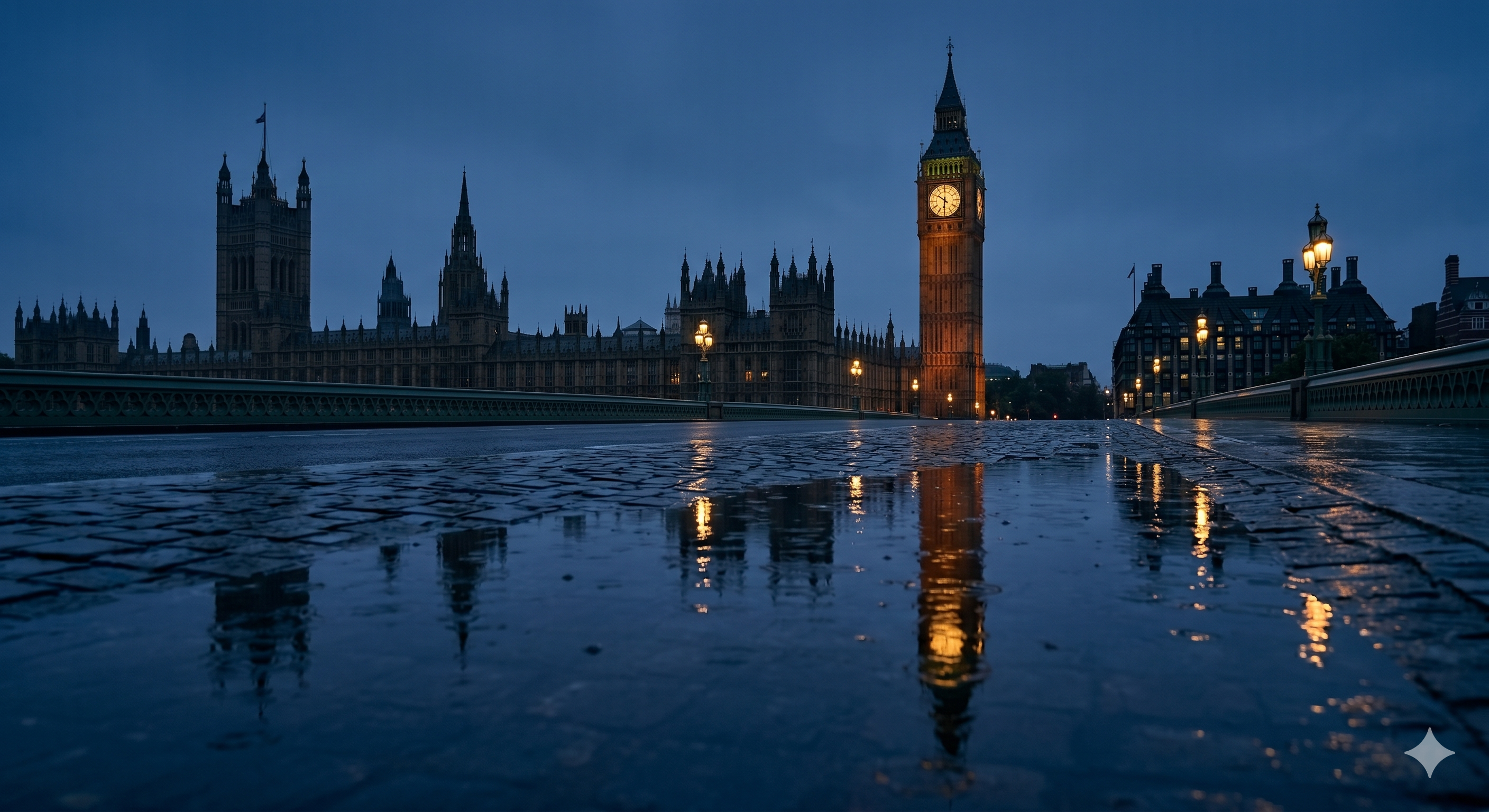The Palace of Westminster and the River Thames in London.
